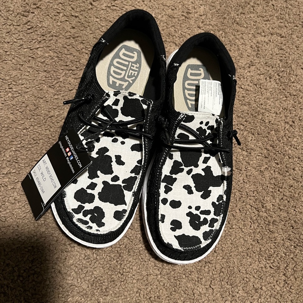 Hey Dude Cow Print Wally Shoes - Black & White. NEW WITH TAGS